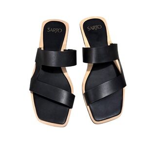Sarto Emily Slide Sandals Women 8.5 Black Leather Square Toe Flat Slip On EUC